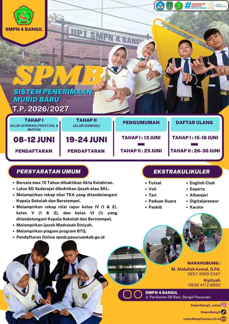 Poster SPMB 2026/2027 SMP Negeri 4 Bangil Satu Atap